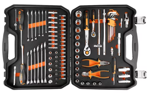 Neo Tools Szerszám és dugókulcs készlet, 1/4", 1/2", EVA habszivacs, műanyag koffer, 96db