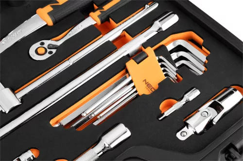 Neo Tools Szerszám és dugókulcs készlet, 1/4", 1/2", EVA habszivacs, műanyag koffer, 96db