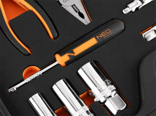 Neo Tools Szerszám és dugókulcs készlet, 1/4", 1/2", EVA habszivacs, műanyag koffer, 96db