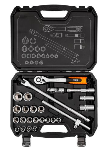 Neo Tools Dugókulcs és hajtószár készlet, matt felület, 25 db