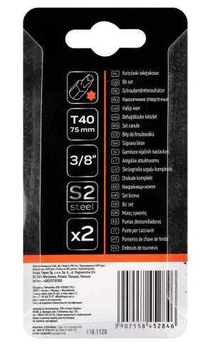 Neo Tools Torx bit, 3/8", T40x75mm, S2, 2db