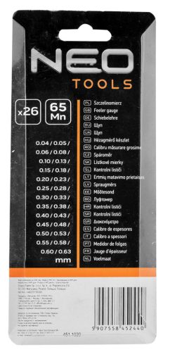 Neo Tools Hézagmérő készlet 26db (0.04 - 0.63mm) 65MN/rozsdamentes acél