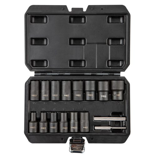 Neo Tools Dugókulcskészlet, sérült fejű csavarokhoz 16db 1/2”, 8, 10, 11, 12, 13, 14, 15, 16, 17, 19, 21, 22, 24, 27mm