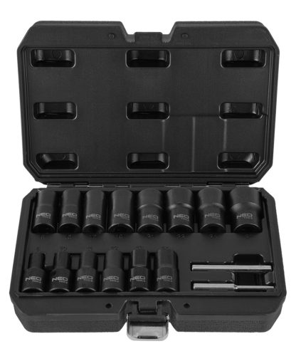 Neo Tools Dugókulcskészlet, sérült fejű csavarokhoz 16db 1/2”, 8, 10, 11, 12, 13, 14, 15, 16, 17, 19, 21, 22, 24, 27mm