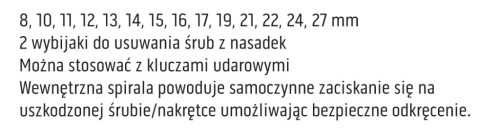 Neo Tools Dugókulcskészlet, sérült fejű csavarokhoz 16db 1/2”, 8, 10, 11, 12, 13, 14, 15, 16, 17, 19, 21, 22, 24, 27mm