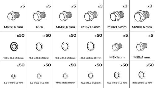 Neo Tools Olajleeresztő csavar és rézalátét készlet, 534db