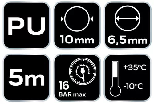 Neo Tools Pneumatikus spiráltömlő, 6,5x10mm x 5m, PU