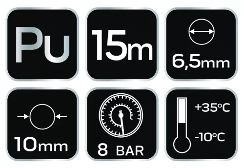 Neo Tools Pneumatikus spiráltömlő, 6,5 x 10mm x 15m, PU