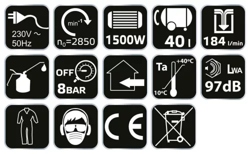 Neo Tools Kompresszor, 40L, álló, 2 csatlakozó, 2 nyomásmérő, olajkenésű