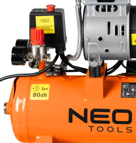 Neo Tools Kompresszor, 12L, olajmentes, extra csendes, kefementes motorral, 95L/perc, 8bar