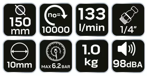 Neo Tools Pneumatikus excentercsiszoló, 150mm, 10 000 rpm