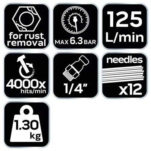 Neo Tools Pneumatikus tűs leverőgép rozsdához és hegesztési varratokhoz, 12x3mm