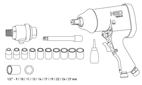 Neo Tools Pneumatikus ütvecsavarozó készlet 1/2" 32kgm, dugókulcsokkal