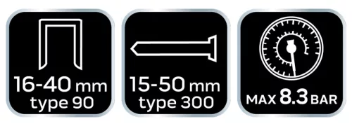 Neo Tools Pneumatikus tűző- és szegbelövőgép, "90" tip. kapcsok 10-40mm, szegek 10-50mm, kiegészítőkkel