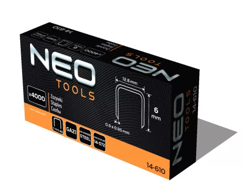Neo Tools Tűzőkapocs, horganyzott 80-as tipus, pneumatikus tűzőgéphez (14-572), GA21, 6mm, 4000db