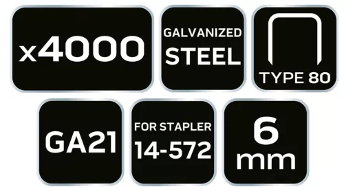 Neo Tools Tűzőkapocs, horganyzott 80-as tipus, pneumatikus tűzőgéphez (14-572), GA21, 6mm, 4000db