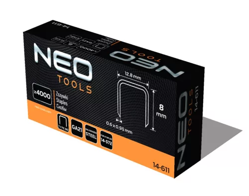 Neo Tools Tűzőkapocs, horganyzott 80-as tipus, pneumatikus tűzőgéphez (14-572), GA21, 8mm, 4000db