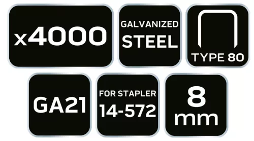 Neo Tools Tűzőkapocs, horganyzott 80-as tipus, pneumatikus tűzőgéphez (14-572), GA21, 8mm, 4000db