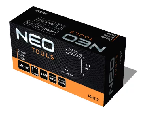 Neo Tools Tűzőkapocs, horganyzott 80-as tipus, pneumatikus tűzőgéphez (14-572), GA21, 10mm, 4000db