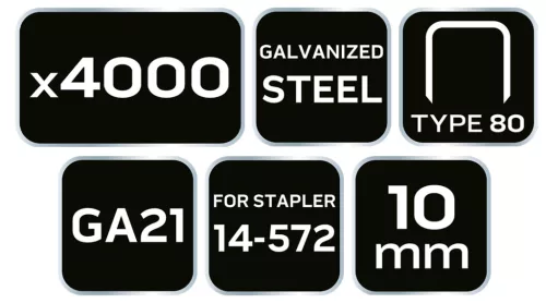 Neo Tools Tűzőkapocs, horganyzott 80-as tipus, pneumatikus tűzőgéphez (14-572), GA21, 10mm, 4000db