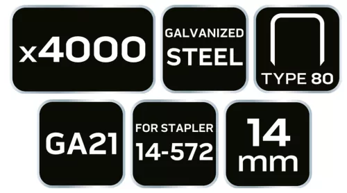 Neo Tools Tűzőkapocs, horganyzott 80-as tipus, pneumatikus tűzőgéphez (14-572), GA21, 14mm, 4000db
