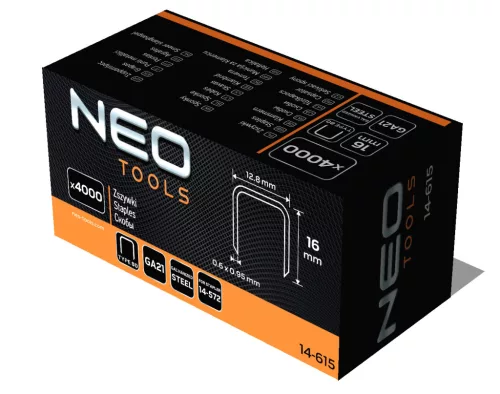 Neo Tools Tűzőkapocs, horganyzott 80-as tipus, pneumatikus tűzőgéphez (14-572), GA21, 16mm, 4000db