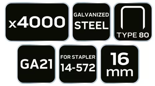 Neo Tools Tűzőkapocs, horganyzott 80-as tipus, pneumatikus tűzőgéphez (14-572), GA21, 16mm, 4000db