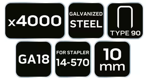 Neo Tools Tűzőkapocs, horganyzott 90-es tipus, pneumatikus tűzőgéphez (14-570), GA18, 10mm, 4000db