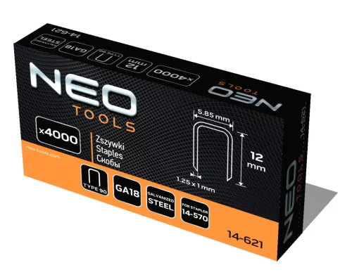 Neo Tools Tűzőkapocs, horganyzott 90-es tipus, pneumatikus tűzőgéphez (14-570), GA18, 12mm, 4000db