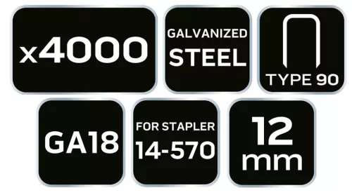 Neo Tools Tűzőkapocs, horganyzott 90-es tipus, pneumatikus tűzőgéphez (14-570), GA18, 12mm, 4000db