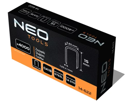 Neo Tools Tűzőkapocs, horganyzott 90-es tipus, pneumatikus tűzőgéphez (14-570), GA18, 15mm, 4000db