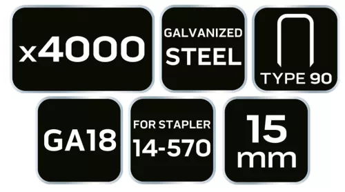 Neo Tools Tűzőkapocs, horganyzott 90-es tipus, pneumatikus tűzőgéphez (14-570), GA18, 15mm, 4000db
