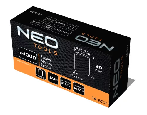 Neo Tools Tűzőkapocs, horganyzott 90-es tipus, pneumatikus tűzőgéphez (14-570), GA18, 20mm, 4000db