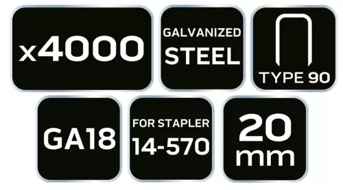 Neo Tools Tűzőkapocs, horganyzott 90-es tipus, pneumatikus tűzőgéphez (14-570), GA18, 20mm, 4000db