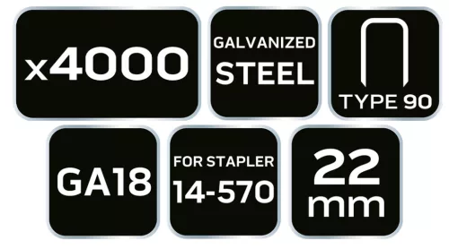 Neo Tools Tűzőkapocs, horganyzott 90-es tipus, pneumatikus tűzőgéphez (14-570), GA18, 22mm, 4000db