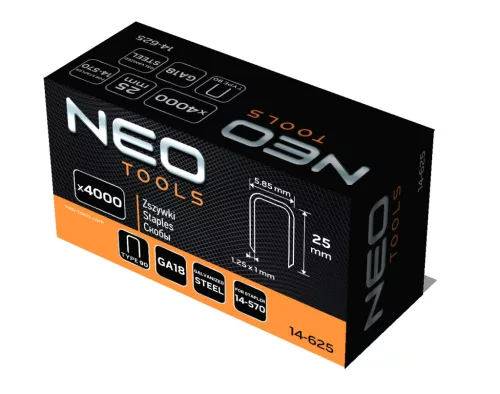Neo Tools Tűzőkapocs, horganyzott 90-es tipus, pneumatikus tűzőgéphez (14-570), GA18, 25mm, 4000db
