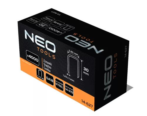 Neo Tools Tűzőkapocs, horganyzott 90-es tipus, pneumatikus tűzőgéphez (14-570), GA18, 30mm, 4000db