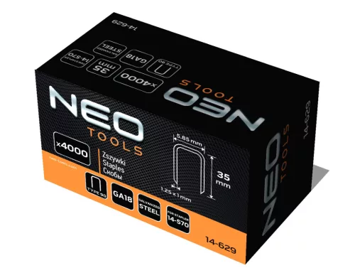 Neo Tools Tűzőkapocs, horganyzott 90-es tipus, pneumatikus tűzőgéphez (14-570), GA18, 35mm, 4000db