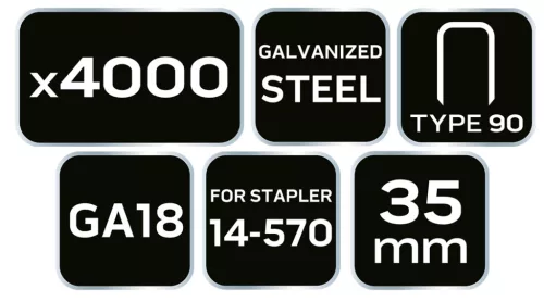 Neo Tools Tűzőkapocs, horganyzott 90-es tipus, pneumatikus tűzőgéphez (14-570), GA18, 35mm, 4000db
