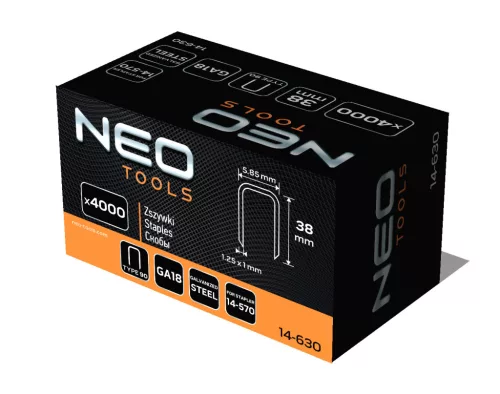 Neo Tools Tűzőkapocs, horganyzott 90-es tipus, pneumatikus tűzőgéphez (14-570), GA18, 38mm, 4000db