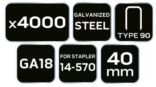 Neo Tools Tűzőkapocs, horganyzott 90-es tipus, pneumatikus tűzőgéphez (14-570), GA18, 40mm, 4000db