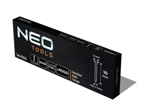 Neo Tools Tűzőszeg, horganyzott 300 (F) tipus, pneumatikus tűzőgéphez (14-570), GA18, 10mm, 4000db