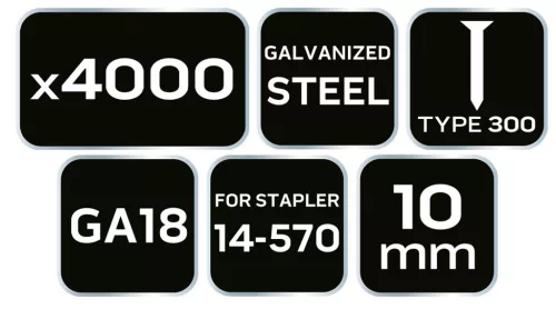 Neo Tools Tűzőszeg, horganyzott 300 (F) tipus, pneumatikus tűzőgéphez (14-570), GA18, 10mm, 4000db