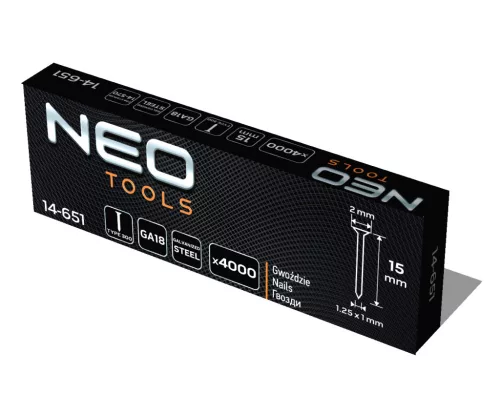 Neo Tools Tűzőszeg, horganyzott 300 (F) tipus, pneumatikus tűzőgéphez (14-570), GA18, 15mm, 4000db