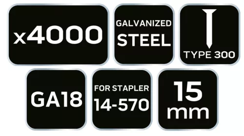Neo Tools Tűzőszeg, horganyzott 300 (F) tipus, pneumatikus tűzőgéphez (14-570), GA18, 15mm, 4000db
