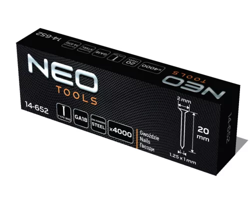 Neo Tools Tűzőszeg, horganyzott 300 (F) tipus, pneumatikus tűzőgéphez (14-570), GA18, 20mm, 4000db