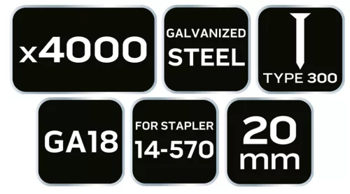Neo Tools Tűzőszeg, horganyzott 300 (F) tipus, pneumatikus tűzőgéphez (14-570), GA18, 20mm, 4000db