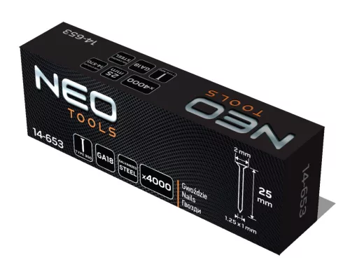 Neo Tools Tűzőszeg, horganyzott 300 (F) tipus, pneumatikus tűzőgéphez (14-570), GA18, 25mm, 4000db