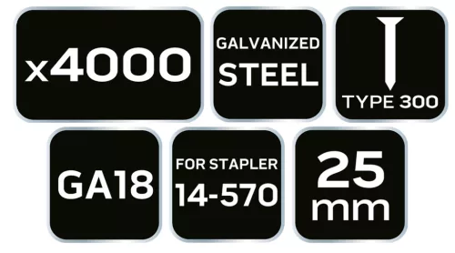 Neo Tools Tűzőszeg, horganyzott 300 (F) tipus, pneumatikus tűzőgéphez (14-570), GA18, 25mm, 4000db