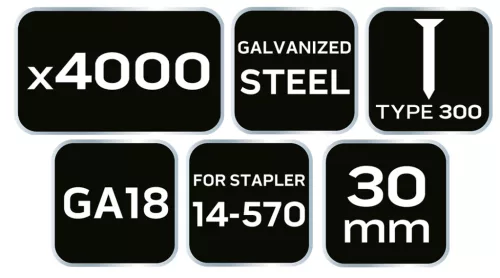 Neo Tools Tűzőszeg, horganyzott 300 (F) tipus, pneumatikus tűzőgéphez (14-570), GA18, 30mm, 4000db